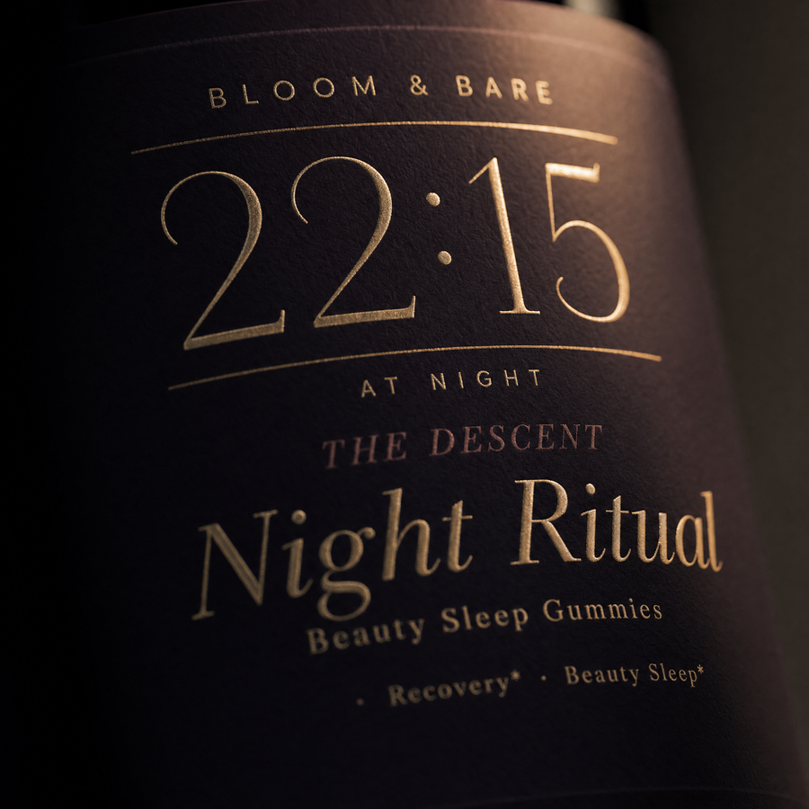 The 22:15 label, deep plum, macro