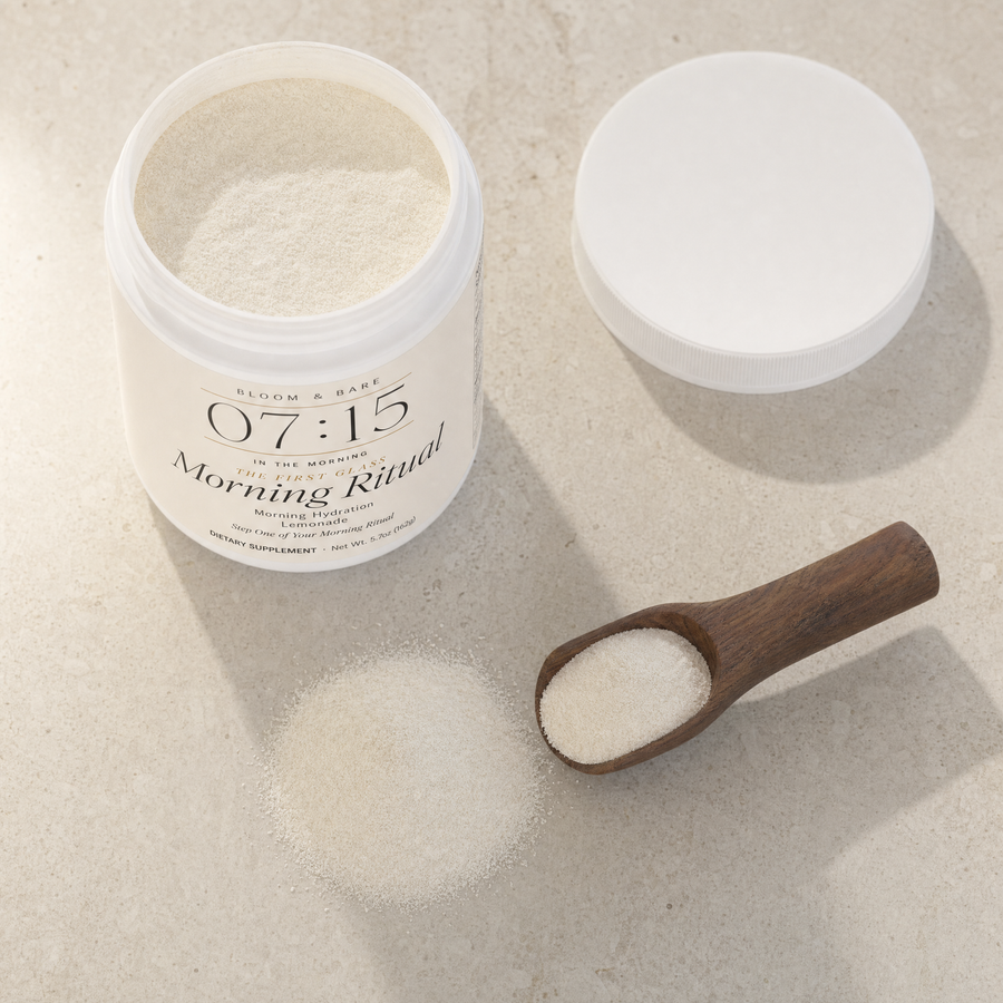 The scoop — fine ivory powder on travertine
