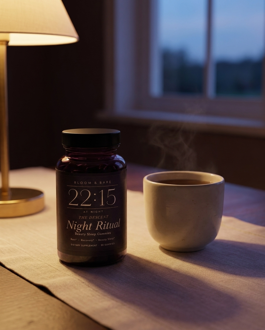 The 22:15 jar beside a cup of evening tea at dusk