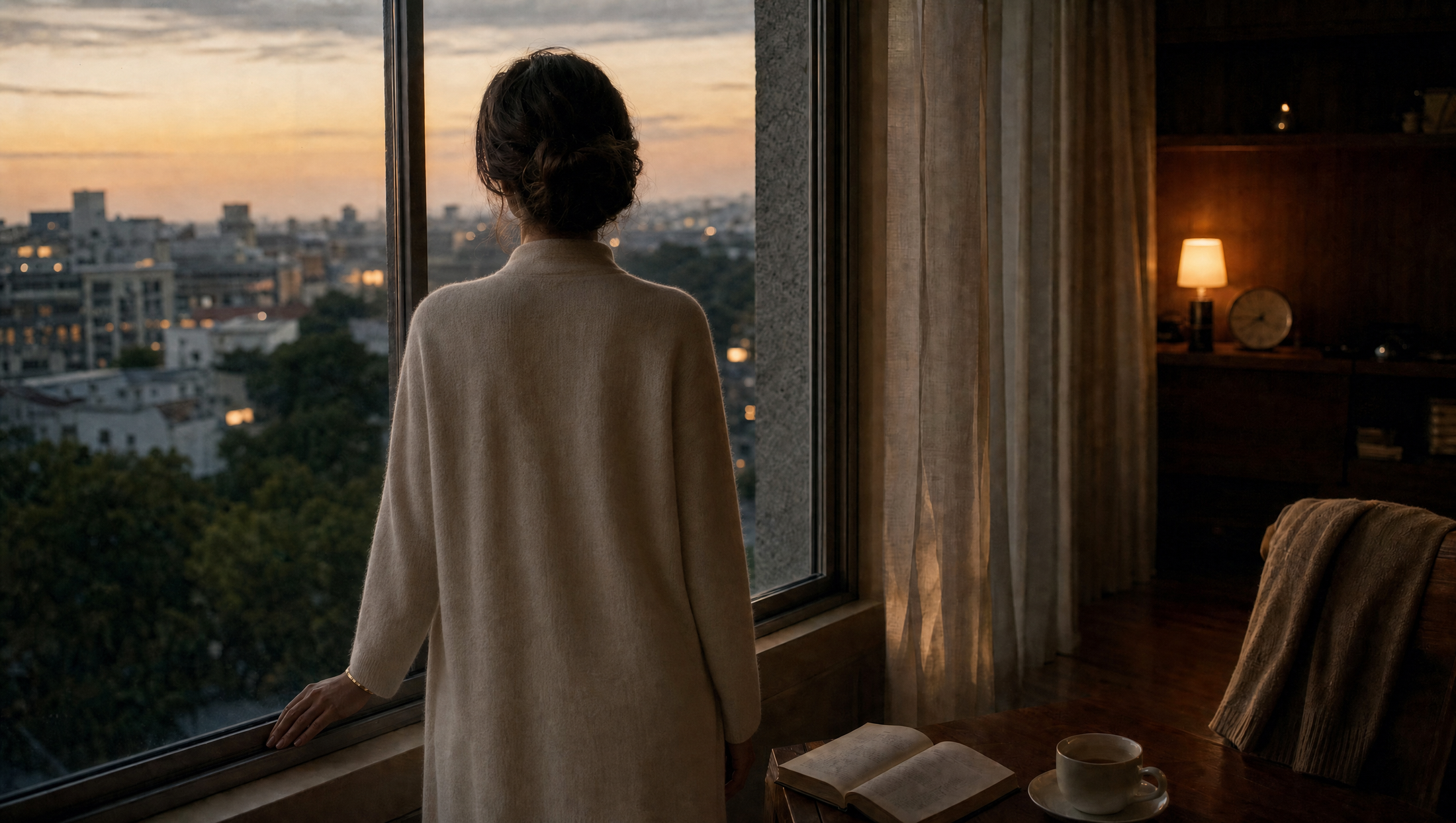 The evening begins — a woman at the window, fully covered in ivory cashmere, warm apartment light