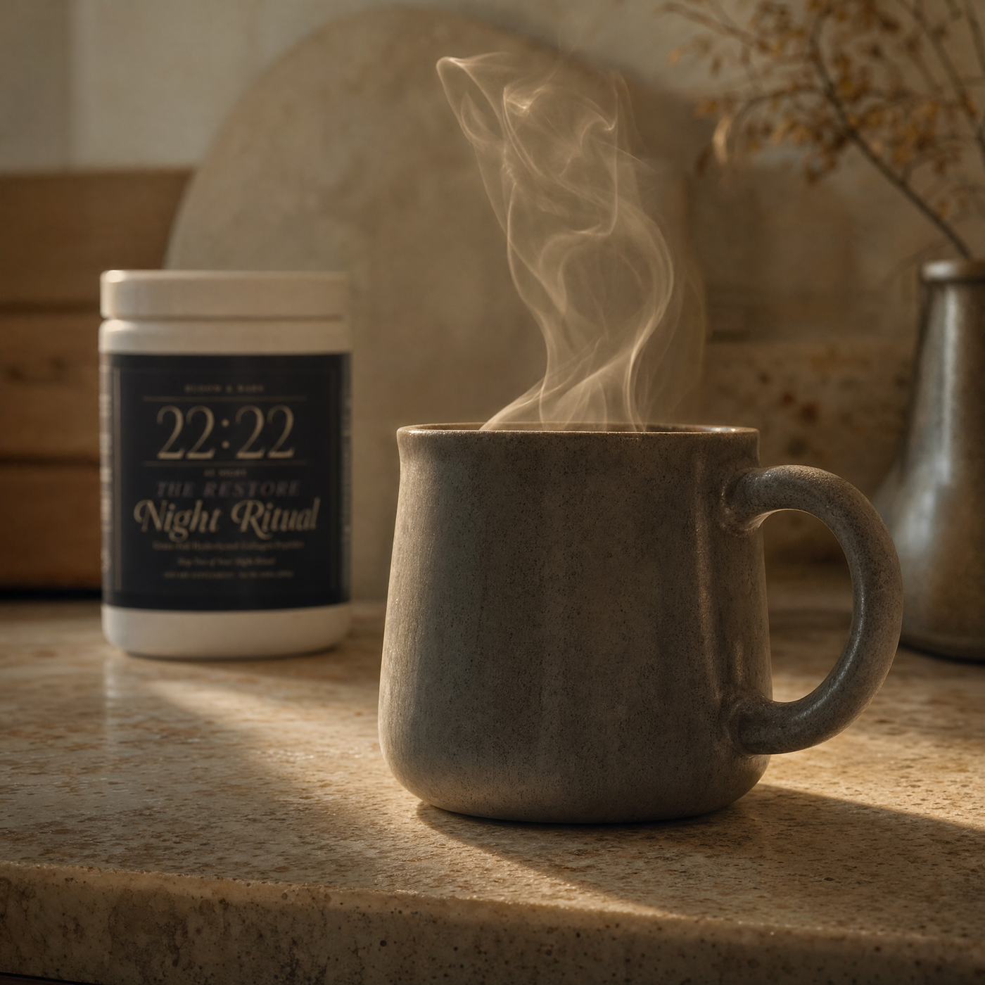 22:22 — The Restore, steam rising from a stone-grey mug