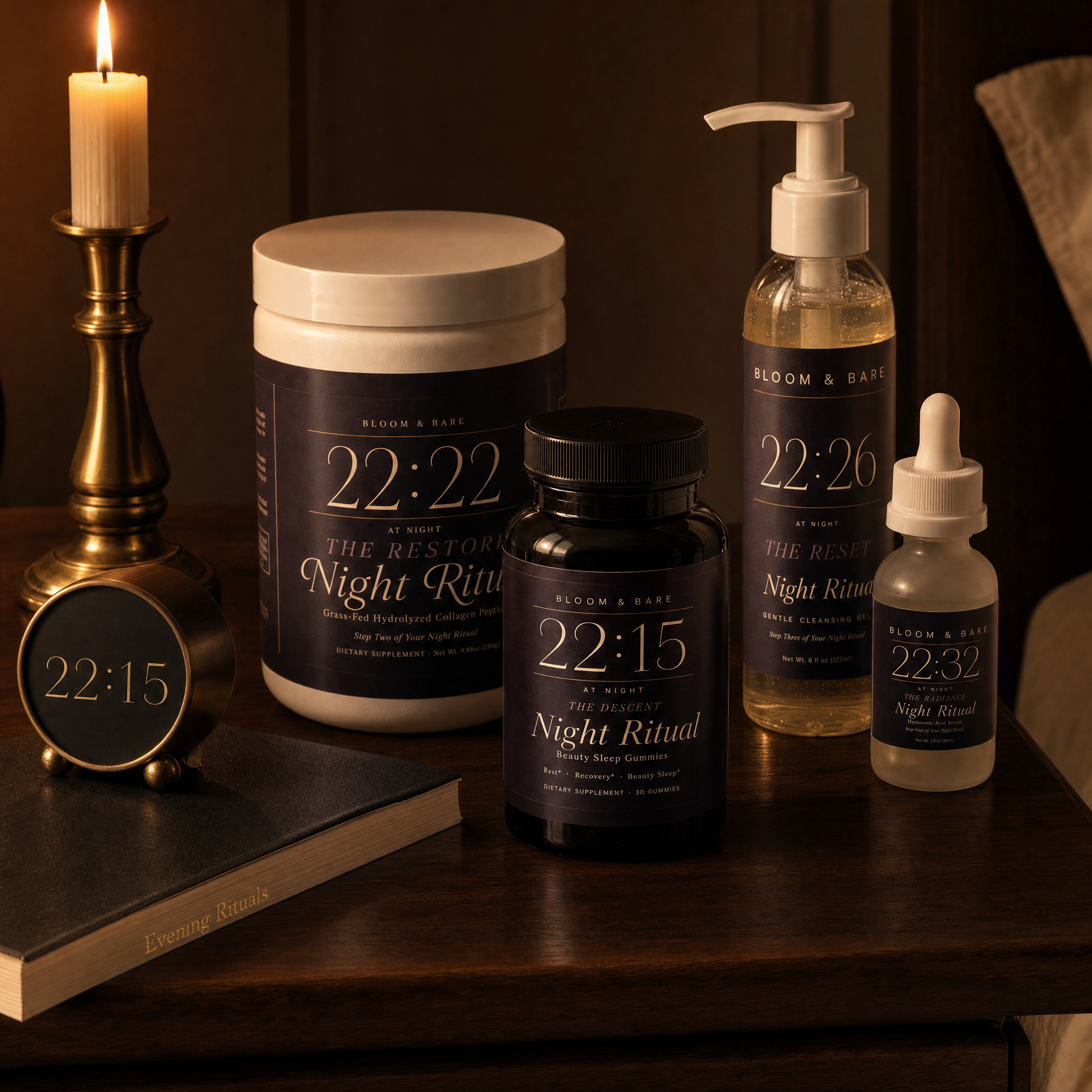 The Night Ritual products arranged on a dark walnut nightstand