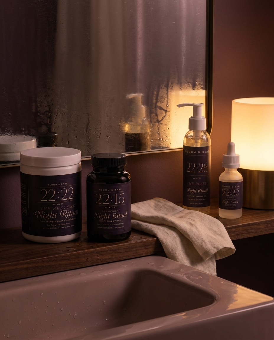The four chapters in the night bathroom, lamplight and fogged mirror