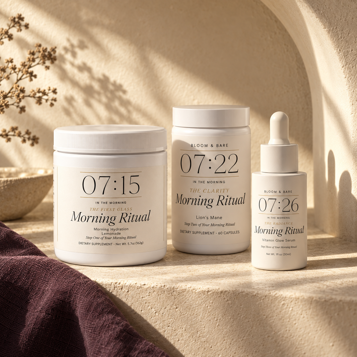 Bloom and Bare Morning Ritual: hydration powder, lion’s mane capsules and Vitamin Glow Serum