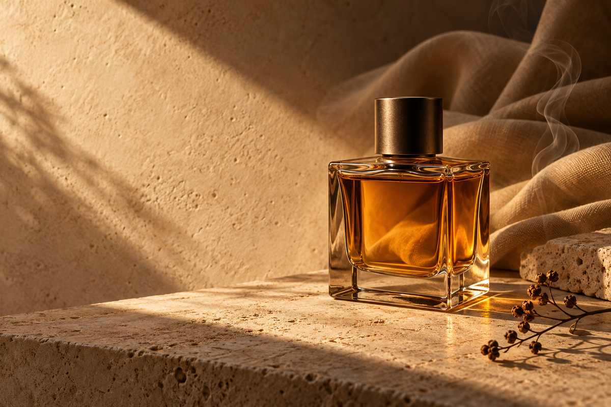 Amber perfume on sunlit stone